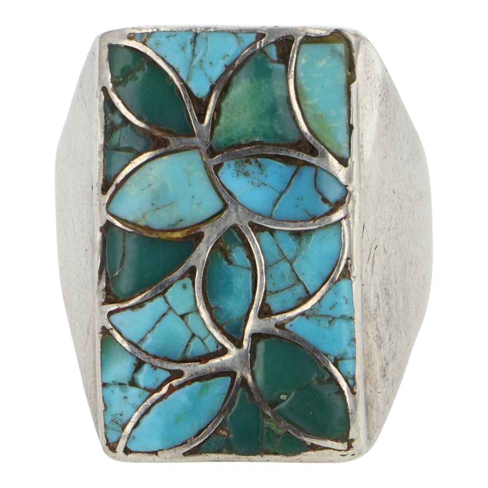 Vintage Zuni Nevada Turquoise Inlay Ring: Sterling Silver | Genuine Nevada Turquoise | Vintage Zuni Nevada Turquoise Inlay Ring | Zuni Native American Southwest Indian Jewelry | Good (no breaks or damages) | Approximate Weight: 19 Grams | Rin
