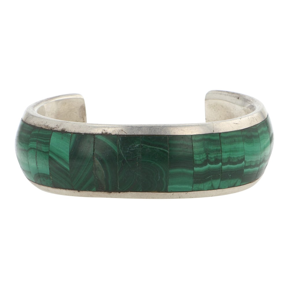 Vintage Zuni Malachikte Inlay Cuff Bracelet: Sterling Silver | Genuine Malachite | Vintage Zuni Malachikte Inlay Cuff Bracelet | Zuni Native American Southwest Indian Jewelry | Good (no breaks or damages) | Approximate Weight: 82 Grams | Bracele