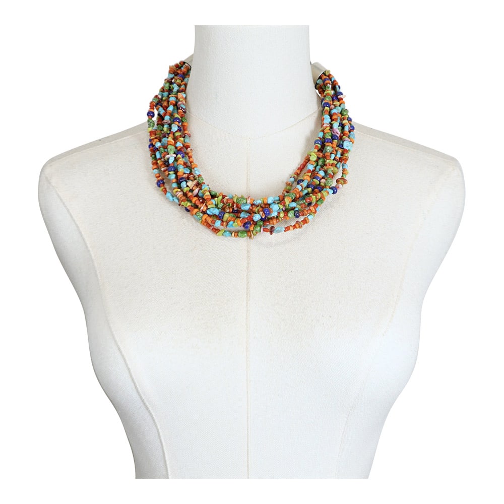 Navajo Turquoise Coral Spiny Oyster & Lapis 10 Strand Multi Color Necklace: Sterling Silver | Genuine Turquoise, Coral, Spiny Oyster & Lapis | Navajo Turquoise Coral Spiny Oyster & Lapis 10 Strand Multi Color Necklace | Navajo Native American Southwest Indian Jewelry | Good (