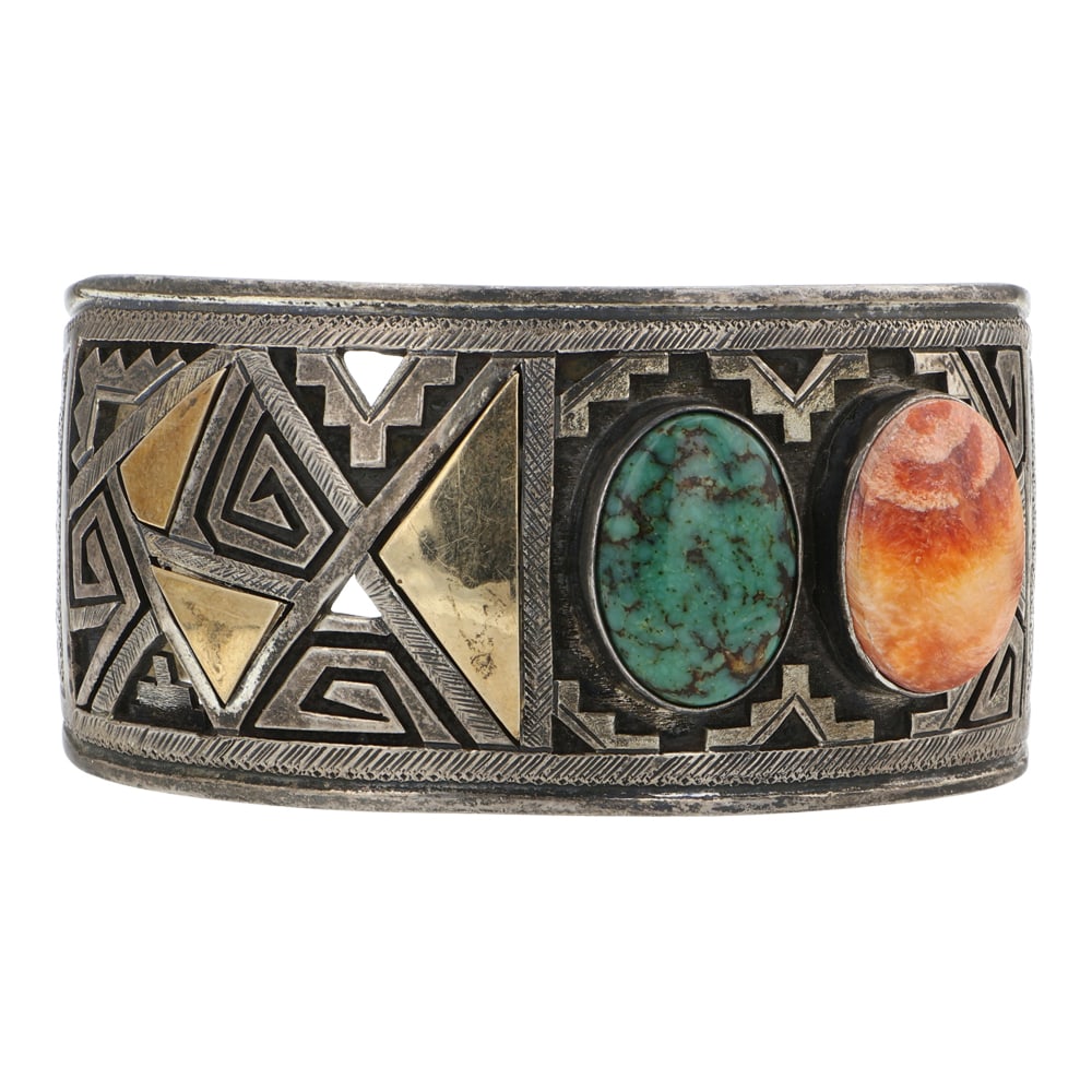 Peter Nelson Talented Navajo Artist 14K Gold & Sterling Silver Turquoise & Spiny Oyster Intricate: Sterling Silver & 14K Gold | Genuine Turquoise & Spiny Oyster | Peter Nelson Talented Navajo Artist 14K Gold & Sterling Silver Turquoise & Spiny Oyster Intricate Cuff Bracelet | Navajo Native American