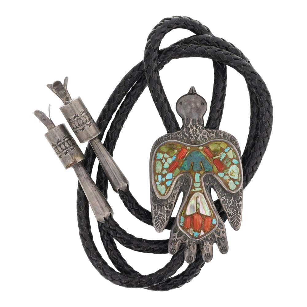Vintage Santo Domingo Turquoise Coral & Shell Inlay Peyote Bird Bolo Tie (1 of 4)