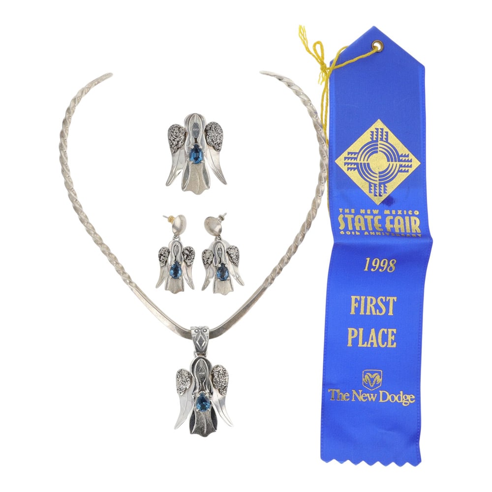 Gary Sanchez Navajo Topaz First Place Blue Ribbon Award Necklace Earrings & Pin Set: Sterling Silver | Genuine Topaz | Gary Sanchez Navajo Topaz First Place Blue Ribbon Award Necklace Earrings & Pin Set | Navajo Native American Southwest Indian Jewelry | Good (no breaks or damages) | 