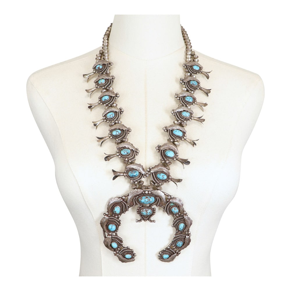 Vintage 1970's Candelaria Turquoise Large Squash Blossom Necklace: Sterling Silver | Genuine Candelaria Turquoise | Vintage 1970's Candelaria Turquoise Large Squash Blossom Necklace | Navajo Native American Southwest Indian Jewelry | Good (no breaks or damages) | App
