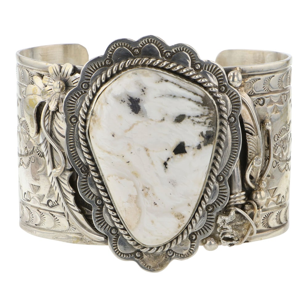 Joe Piaso Jr. Navajo White Buffalo Large Cuff Bracelet: Sterling Silver | Genuine White Buffalo | Joe Piaso Jr. Navajo White Buffalo Large Cuff Bracelet | Navajo Native American Southwest Indian Jewelry | Good (no breaks or damages) | Approximate Weight: 1