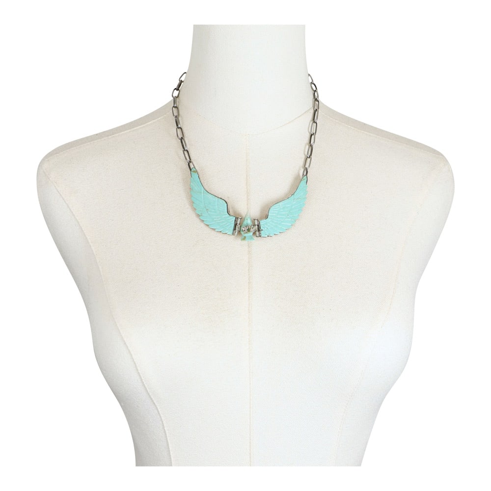 Harry Spencer Navajo Kingman Turquoise Carved Eagle Necklace: Sterling Silver | Genuine Kingman Turquoise | Harry Spencer Navajo Kingman Turquoise Carved Eagle Necklace | Navajo Native American Southwest Indian Jewelry | Good (no breaks or damages) | Approximate
