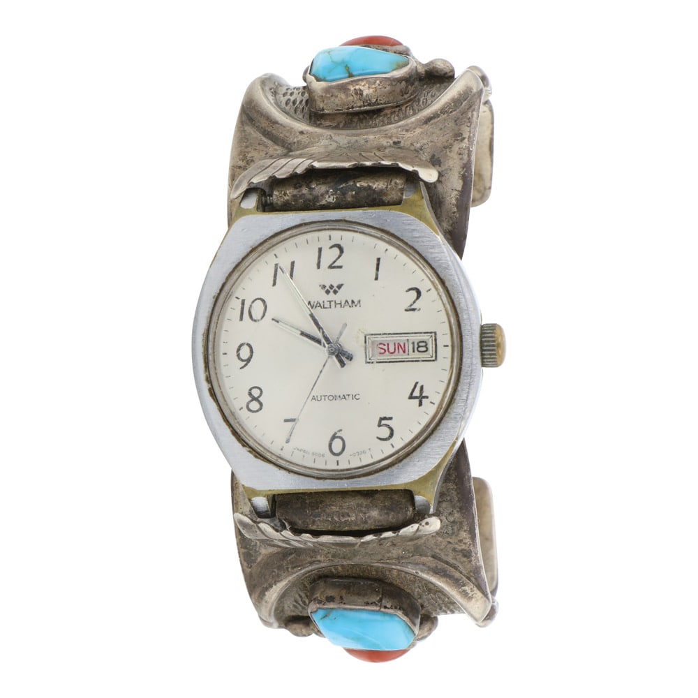 Vintage Navajo Turquoise & Coral Watch Bracelet: Sterling Silver | Genuine Turquoise & Coral | Vintage Navajo Turquoise & Coral Watch Bracelet | Navajo Native American Southwest Indian Jewelry | Good (no breaks or damages) | Approximate Weight: 138 