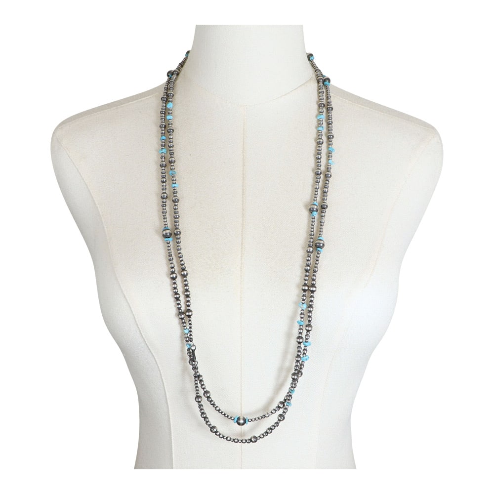 Navajo Kingman Turquoise & Oxidizes Beads Long Wrap Around Necklace: Sterling Silver | Genuine Kingman Turquoise | Navajo Kingman Turquoise & Oxidizes Beads Long Wrap Around Necklace | Navajo Native American Southwest Indian Jewelry | Good (no breaks or damages) | Appr