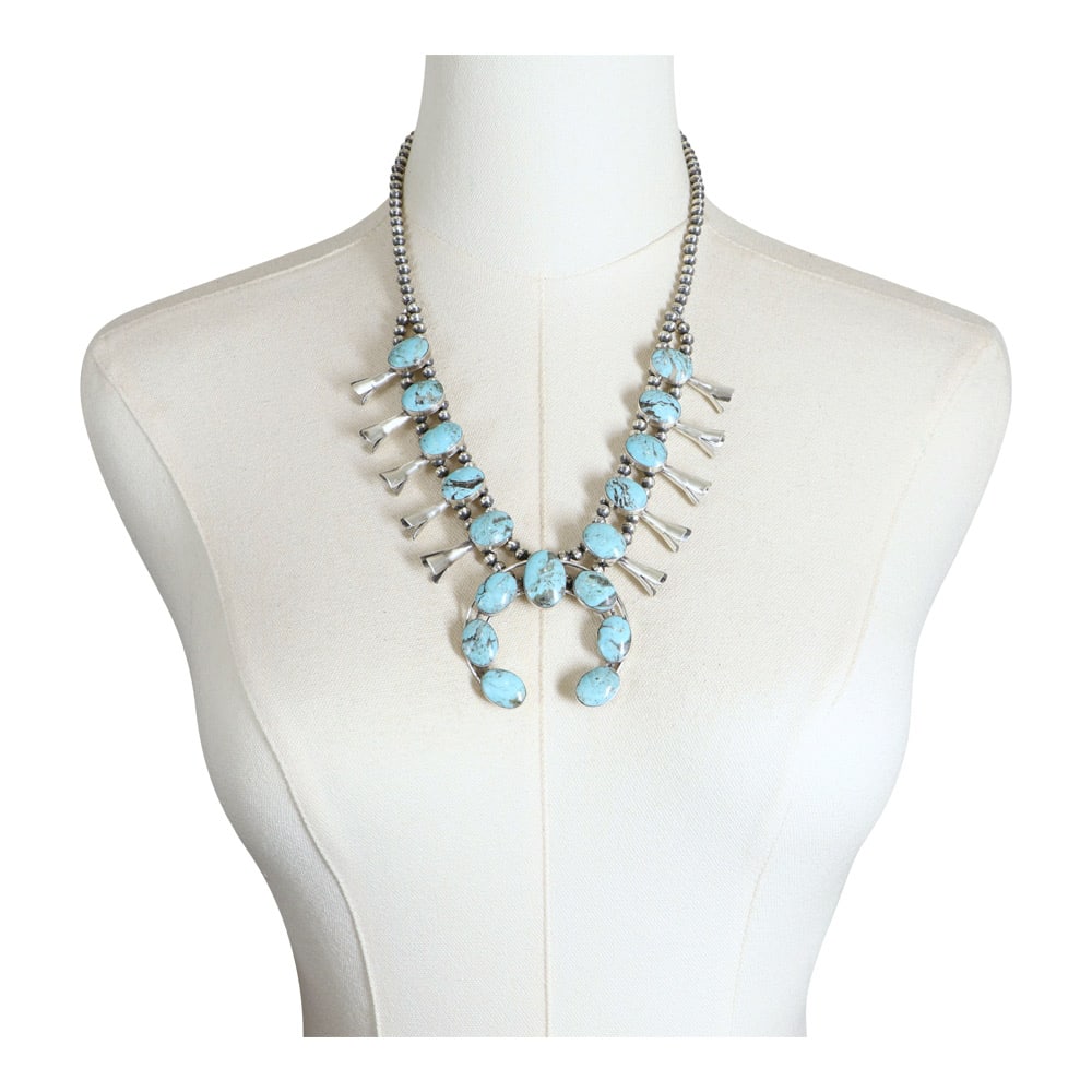 RB Navajo Campitos Turquoise Squash Blossom Necklace: Sterling Silver | Genuine Campitos Turquoise | RB Navajo Campitos Turquoise Squash Blossom Necklace | Navajo Native American Southwest Indian Jewelry | Good (no breaks or damages) | Approximate Weight