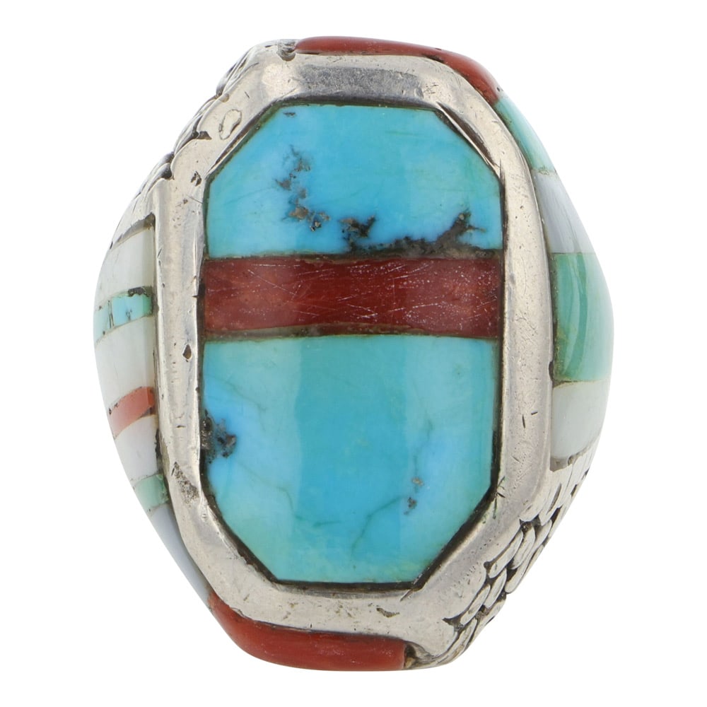 Grey Wolf Navajo Turquoise Coral & Mother of Pearl Inlay Ring: Sterling Silver | Genuine Turquoise, Coral & Mother of Pearl | Grey Wolf Navajo Turquoise Coral & Mother of Pearl Inlay Ring | Navajo Native American Southwest Indian Jewelry | Good (no breaks or dama