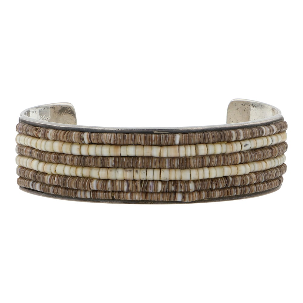 Alois Wagner Santo Domingo Shell Heishi Cuff Bracelet: Sterling Silver | Genuine Shell Heishi | Alois Wagner Santo Domingo Shell Heishi Cuff Bracelet | Santo Domingo Native American Southwest Indian Jewelry | Good (no breaks or damages) | Approximate Weig