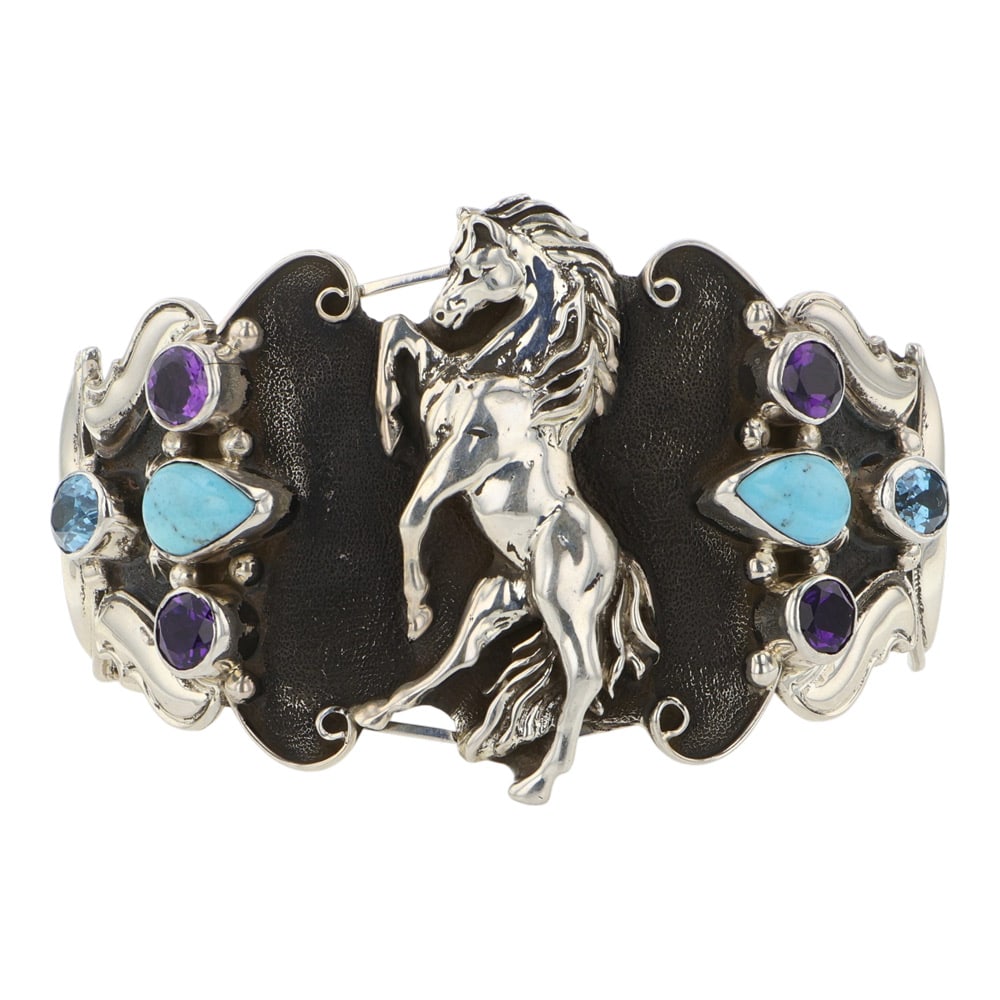 RB Navajo Turquoise Amethyst & Topaz Horse Bracelet: Sterling Silver | Genuine Turquoise, Amethyst & Topaz | RB Navajo Turquoise Amethyst & Topaz Horse Bracelet | Navajo Native American Southwest Indian Jewelry | Good (no breaks or damages) | Approximat