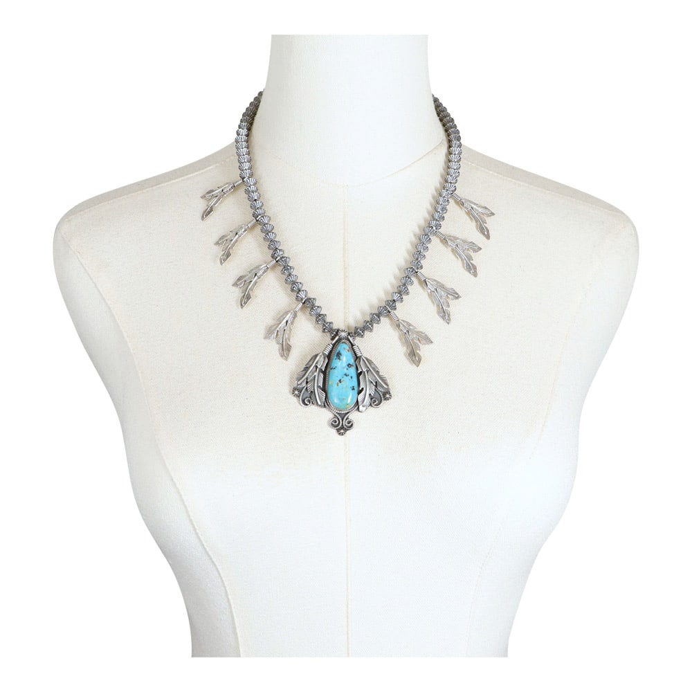 Raymond Delgarito Navajo Royston Turquoise Feather Necklace: Sterling Silver | Genuine Royston Turquoise | Raymond Delgarito Navajo Royston Turquoise Feather Necklace | Navajo Native American Southwest Indian Jewelry | Good (no breaks or damages) | Approximate 