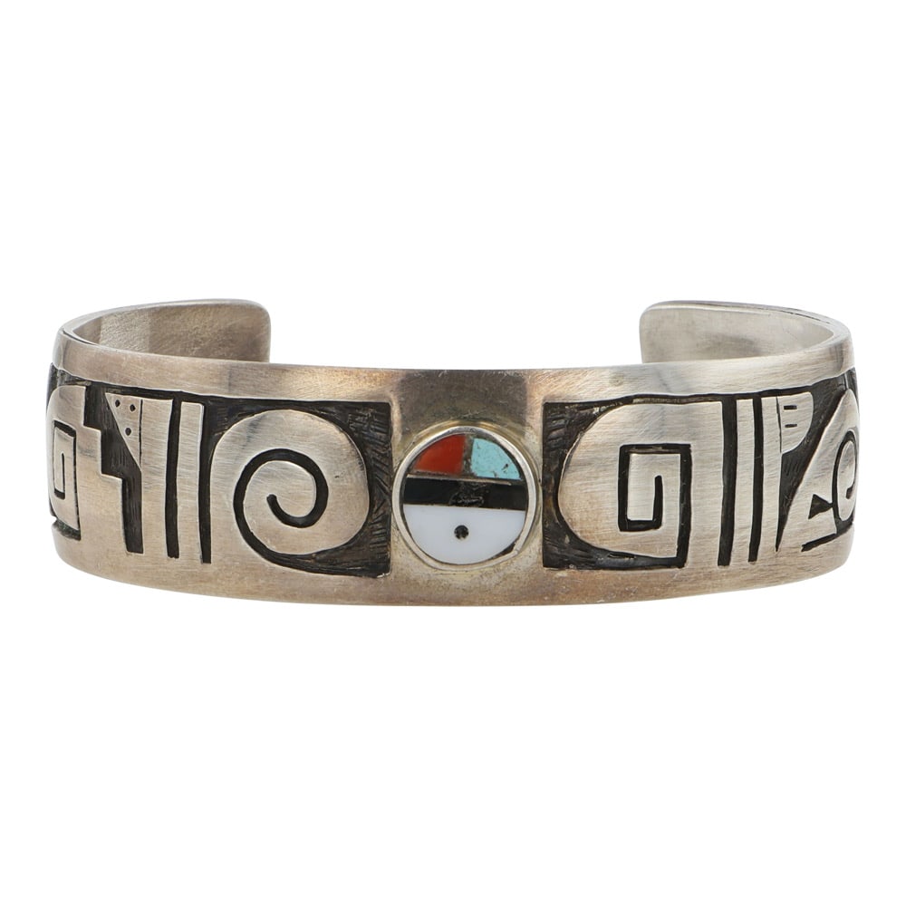 Frank Lahaleon Renowned Hopi Artist Turquoise Coral & Mother of Pearl Inlay Bracelet: Sterling Silver | Genuine Turquoise, Coral & Mother of Pearl | Frank Lahaleon Renowned Hopi Artist Turquoise Coral & Mother of Pearl Inlay Bracelet | Hopi Native American Southwest Indian Jewelry | Go