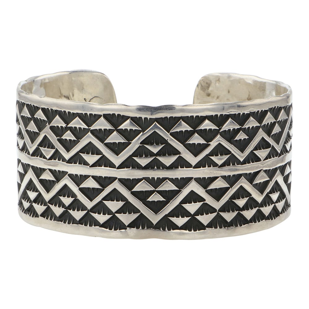 Vintage Navajo Stamp-Work Cuff Bracelet: Sterling Silver | | Vintage Navajo Stamp-Work Cuff Bracelet | Navajo Native American Southwest Indian Jewelry | Good (no breaks or damages) | Approximate Weight: 50 Grams | Bracelet: 6" inner, .75" ga