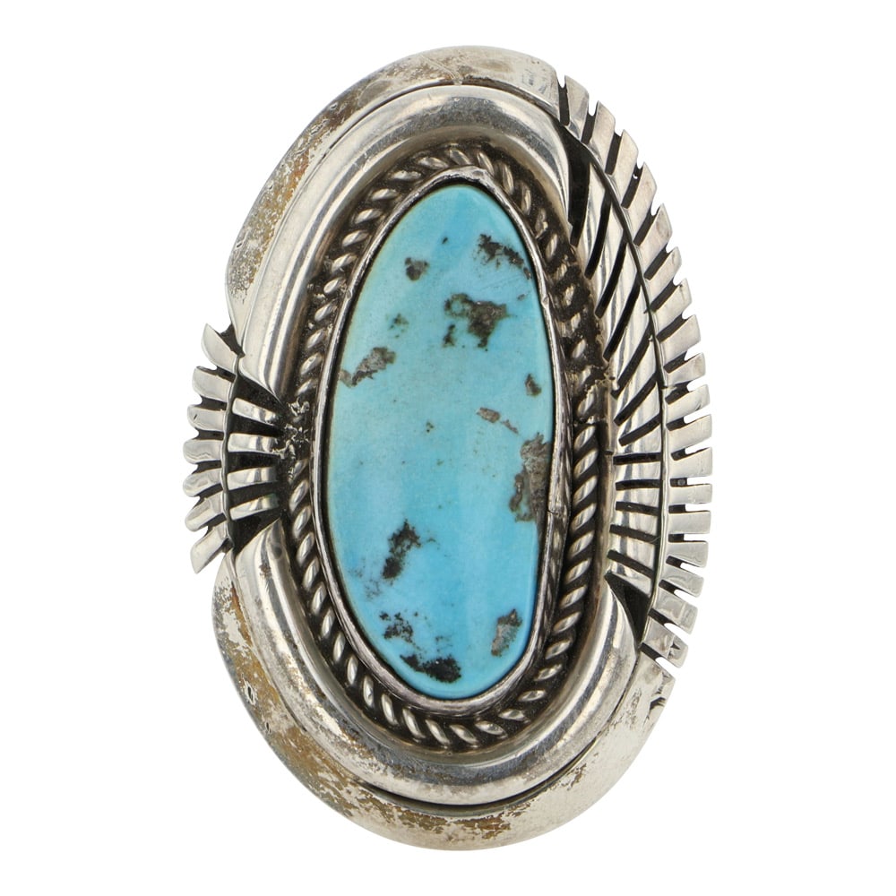 Rose Lincoln Navajo Kingman Turquoise Ring: Sterling Silver | Genuine Kingman Turquoise | Rose Lincoln Navajo Kingman Turquoise Ring | Navajo Native American Southwest Indian Jewelry | Good (no breaks or damages) | Approximate Weight: 23 Grams 