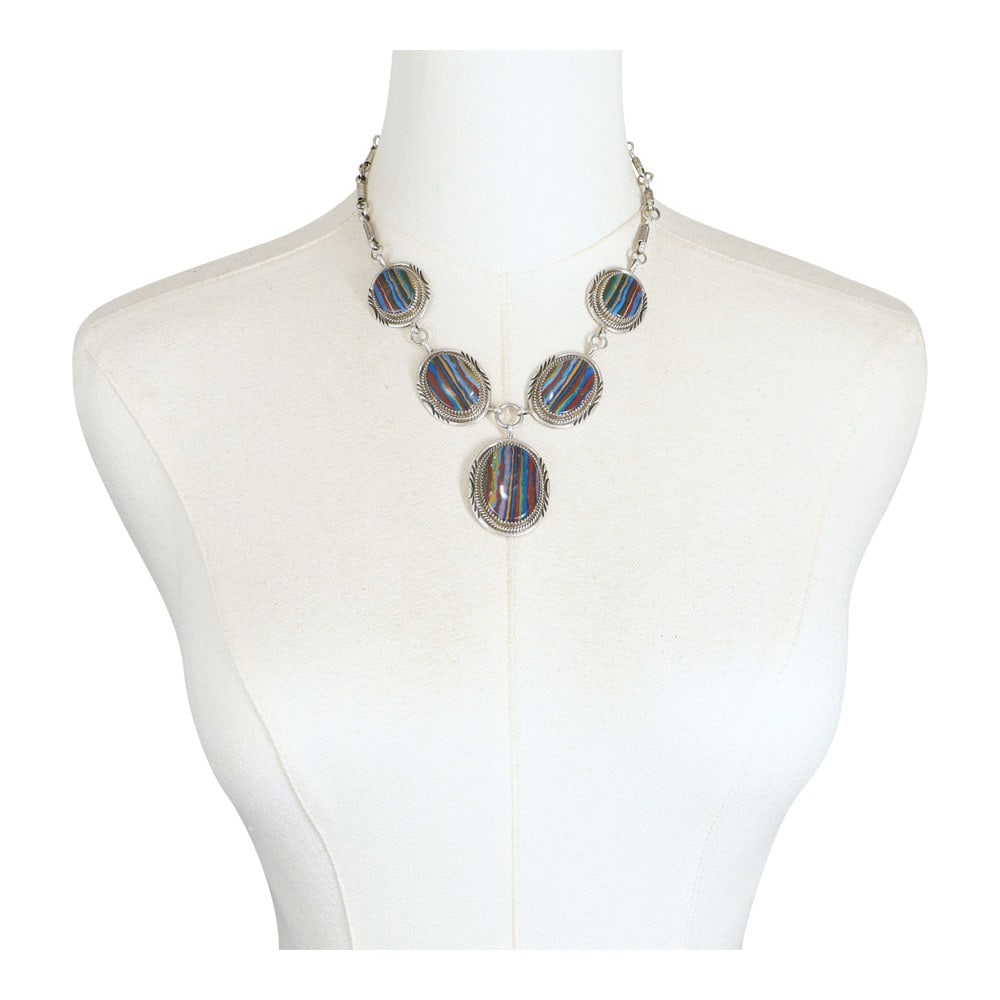 Navajo Rainbow Cal silica Five Stone Sterling Silver Necklace (1 of 3)