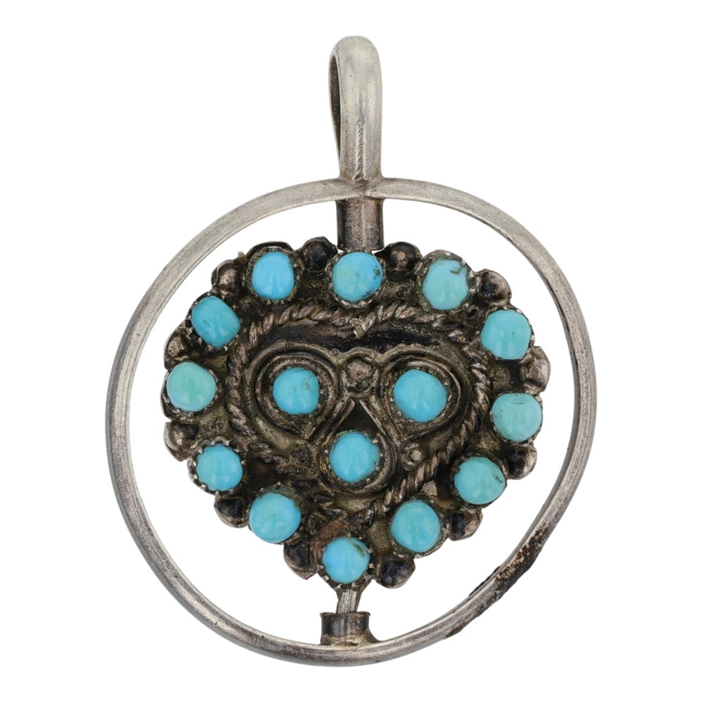 Vintage Zuni Turquoise & Coral Reversible Pendant: Sterling Silver | Genuine Turquoise & Coral | Vintage Zuni Turquoise & Coral Reversible Pendant | Navajo Native American Southwest Indian Jewelry | Good (no breaks or damages) | Approximate Weight: 7 