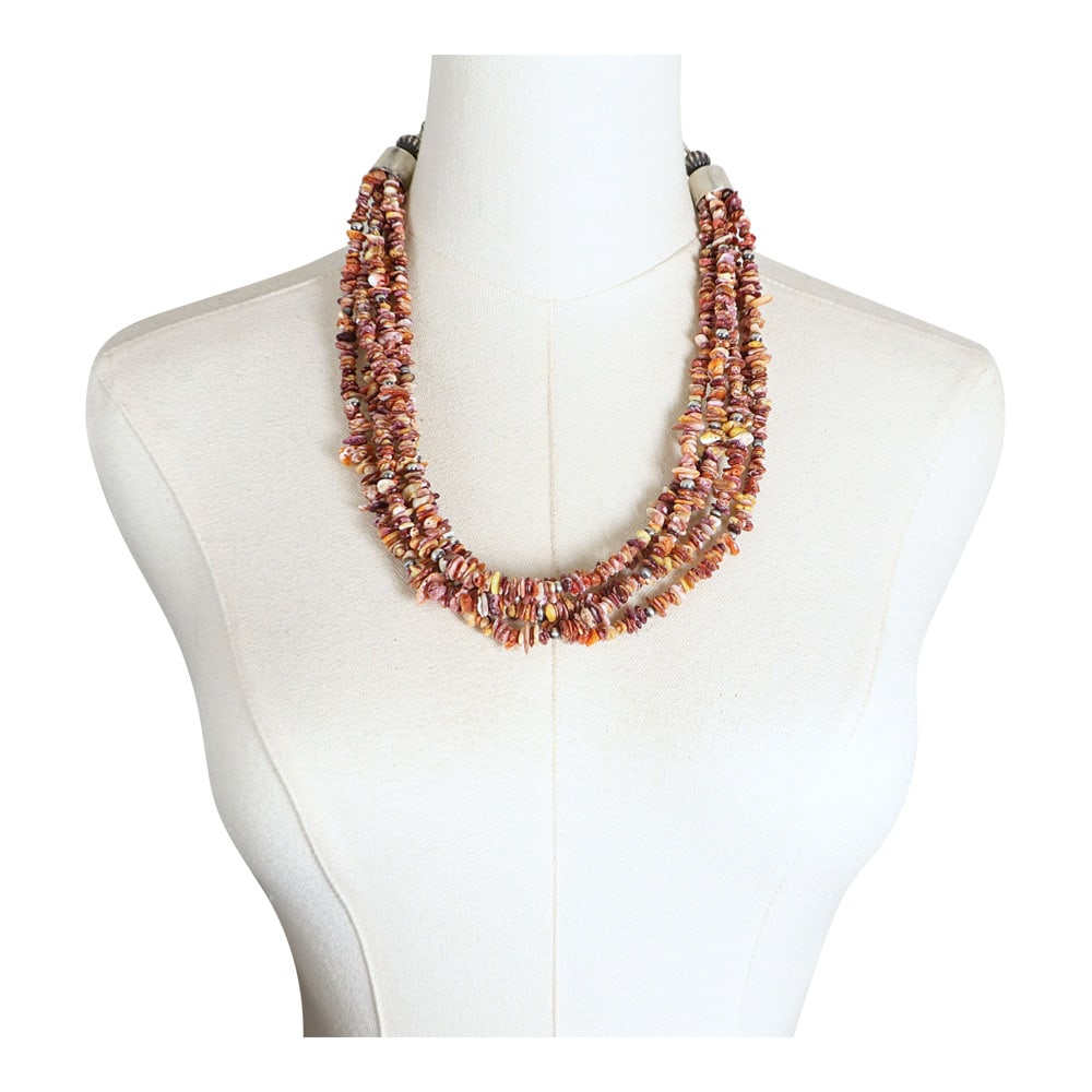 Navajo Spiny Oyster Five Strand & Oxidized Beads Necklace: Sterling Silver | Genuine Spiny Oyster | Navajo Spiny Oyster Five Strand & Oxidized Beads Necklace | Navajo Native American Southwest Indian Jewelry | Good (no breaks or damages) | Approximate Weight: