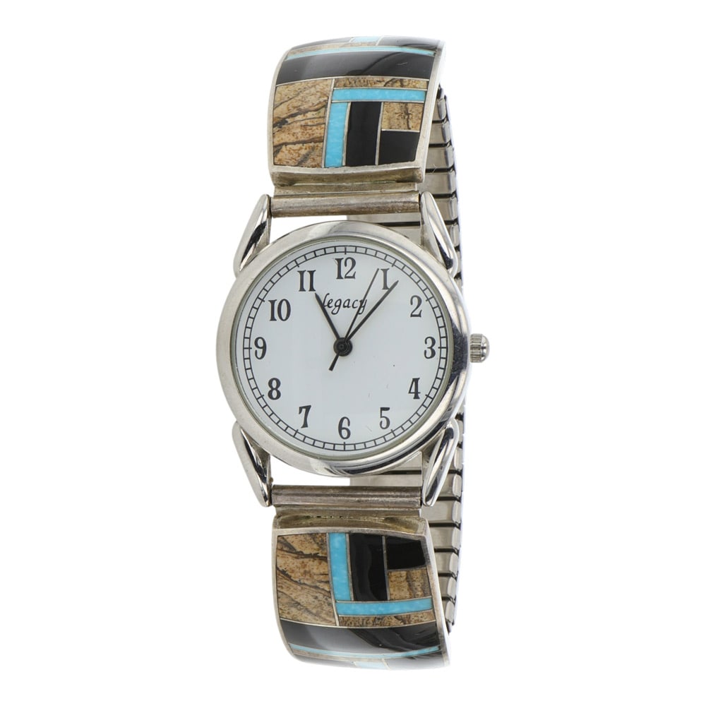 Super Smiths Navajo Shop Turquoise Picture Jasper & Acoma Jet Inlay Watch Bracelet: Sterling Silver | Genuine Turquoise | Super Smiths Navajo Shop Turquoise Picture Jasper & Acoma Jet Inlay Watch Bracelet | Navajo Native American Southwest Indian Jewelry | Good (no breaks or damages)