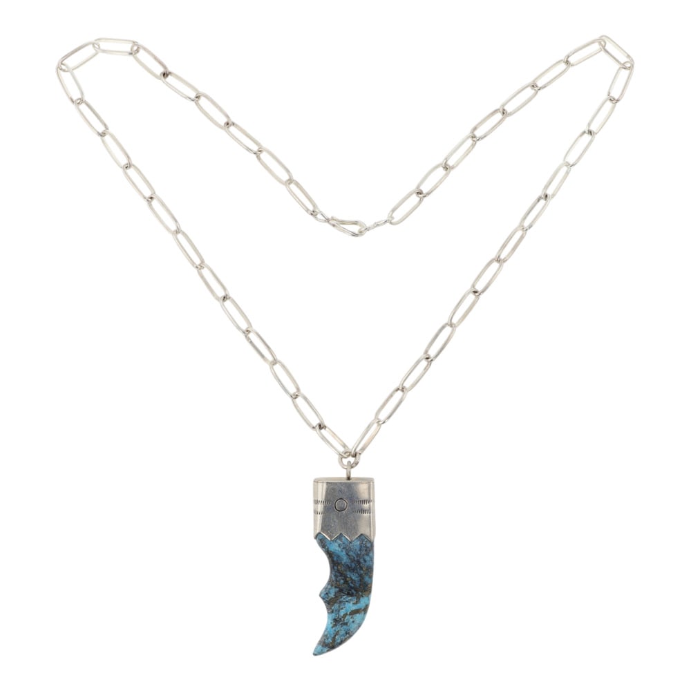 Navajo Nacozari Turquoise Carved Claw Necklace: Sterling Silver | Genuine Nacozari Turquoise | Navajo Nacozari Turquoise Carved Claw Necklace | Navajo Native American Southwest Indian Jewelry | Good (no breaks or damages) | Approximate Weight: 16 G