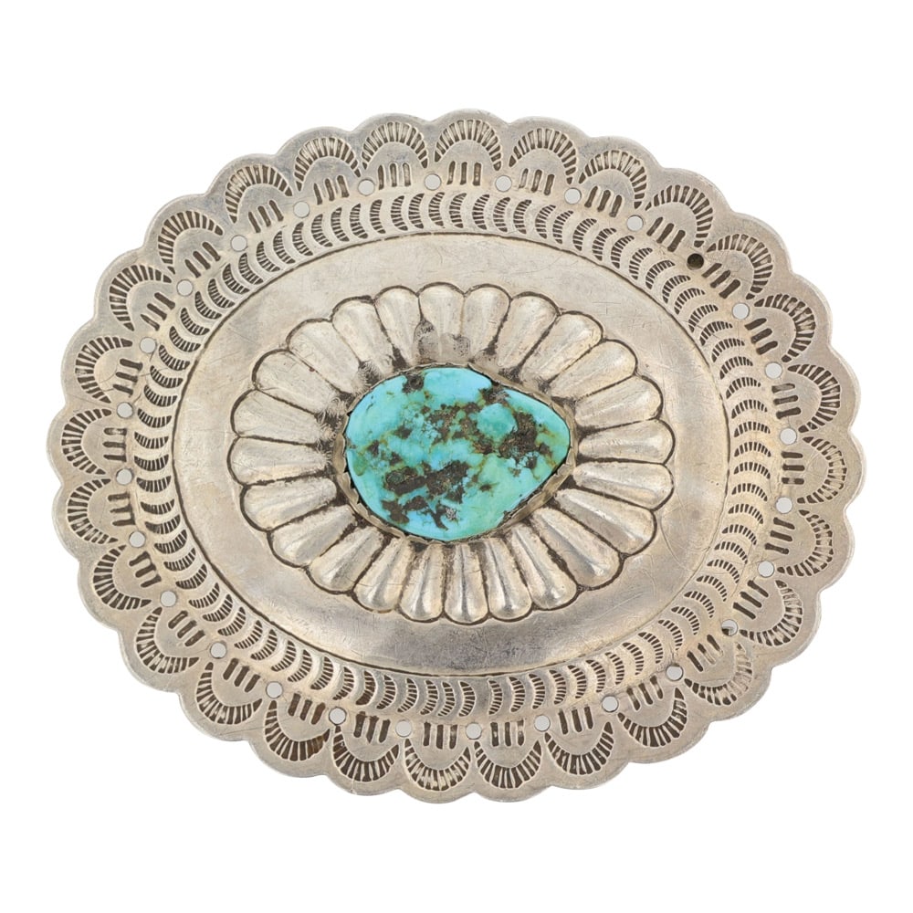 Vintage Navajo Kingman Turquoise Stamp Work Belt Buckle: Sterling Silver | Genuine Kingman Turquoise | Vintage Navajo Kingman Turquoise Stamp Work Belt Buckle | Navajo Native American Southwest Indian Jewelry | Good (no breaks or damages) | Approximate Weig