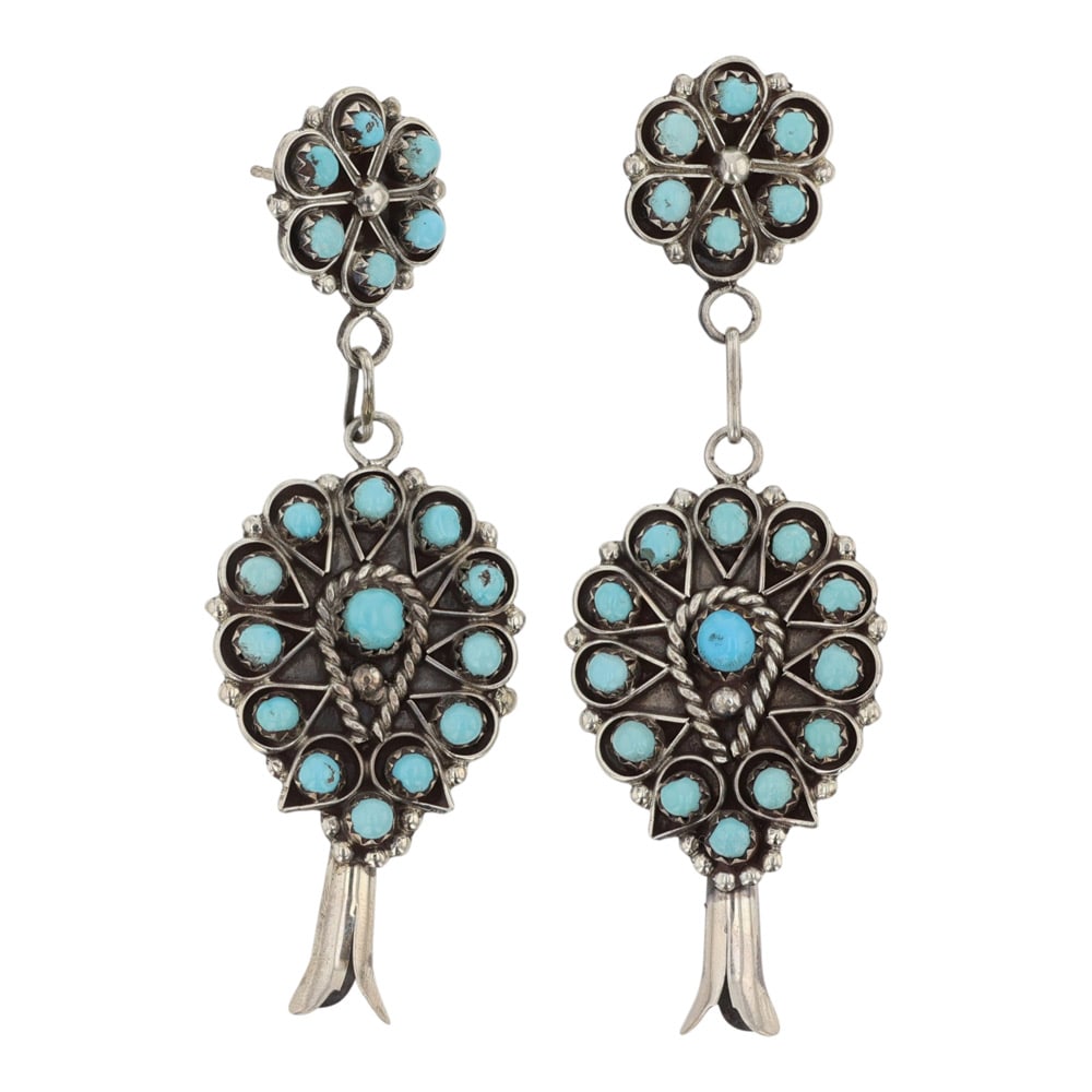 Zuni Kingman Turquoise Needlepoint Blossom Earrings: Sterling Silver | Genuine Kingman Turquoise | Zuni Kingman Turquoise Needlepoint Blossom Earrings | Zuni Native American Southwest Indian Jewelry | Good (no breaks or damages) | Approximate Weight: 14