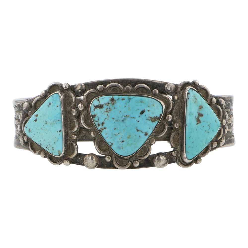 Vintage Navajo Kingman Turquoise Three Stone Cuff Bracelet: Sterling Silver | Genuine Kingman Turquoise | Vintage Navajo Kingman Turquoise Three Stone Cuff Bracelet | Navajo Native American Southwest Indian Jewelry | Good (no breaks or damages) | Approximate W