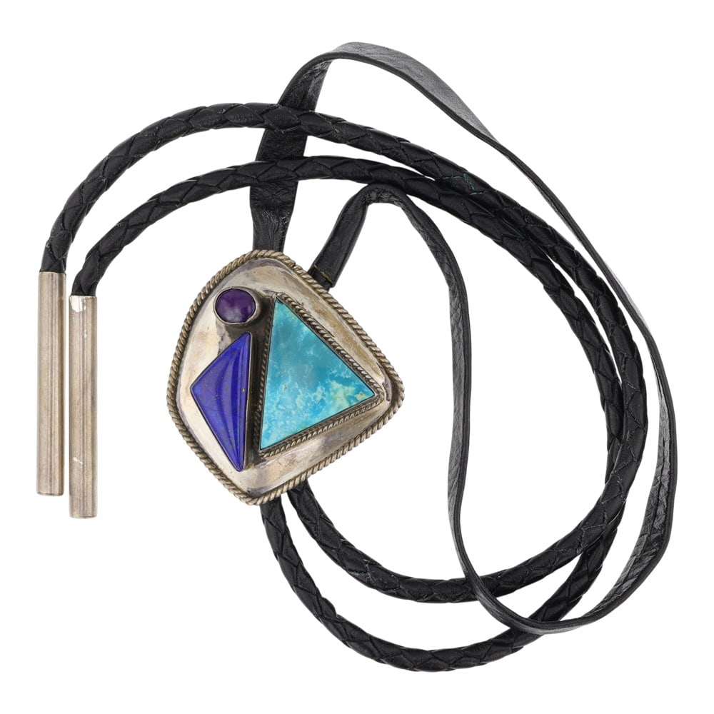 Navajo Turquoise Lapis & Sugilite Bolo Tie: Sterling Silver | Genuine Turquoise, Lapis & Sugilite | Navajo Turquoise Lapis & Sugilite Bolo Tie | Navajo Native American Southwest Indian Jewelry | Good (no breaks or damages) | Approximate Weight:
