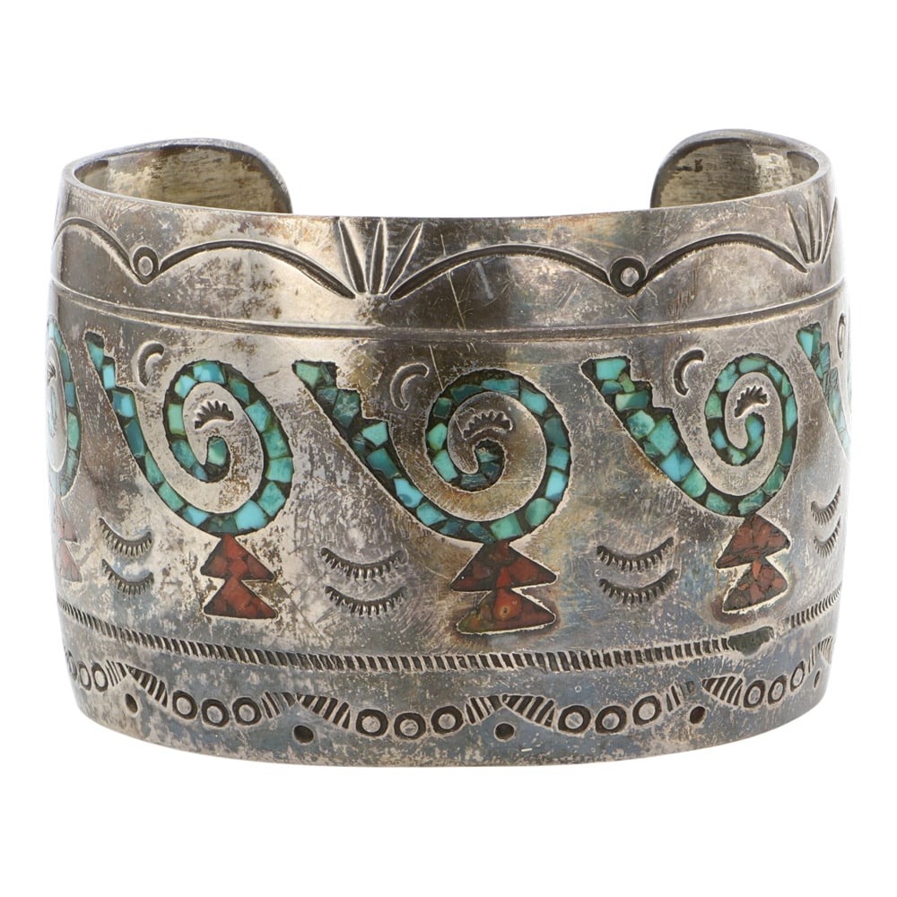 Vintage Navajo Turquoise & Coral Chip Inlay Cuff Bracelet: Sterling Silver | Genuine Turquoise & Coral | Vintage Navajo Turquoise & Coral Chip Inlay Cuff Bracelet | Navajo Native American Southwest Indian Jewelry | Good (no breaks or damages) | Approximate We