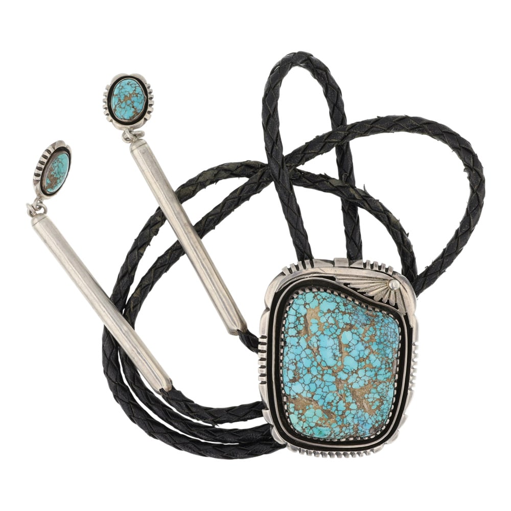 Navajo High Grade Spiderweb Number Eight Turquoise Intricate Bolo Tie (1 of 3)