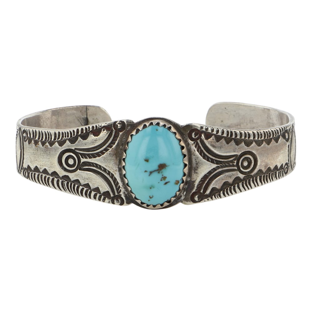 Vintage Navajo Lone Mountain Turquoise Stamp-Work Bracelet: Sterling Silver | Genuine Lone Moiuntain Turquoise | Vintage Navajo Lone Mountain Turquoise Stamp-Work Bracelet | Navajo Native American Southwest Indian Jewelry | Good (no breaks or damages) | Approx