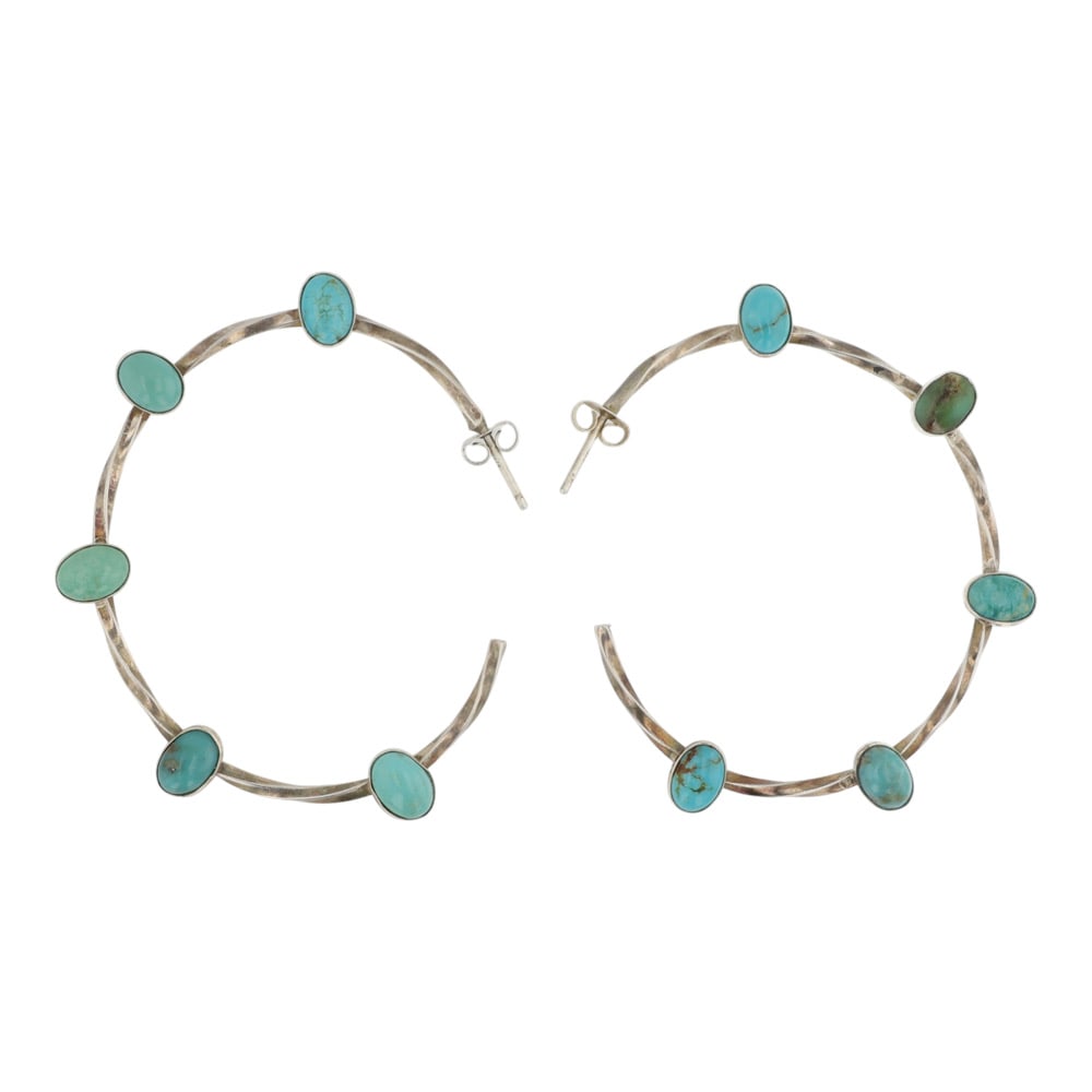 Navajo Campitos Turquoise Twisted Wires Hoop Earrings: Sterling Silver | Genuine Campitos Turquoise | Navajo Campitos Turquoise Twisted Wires Hoop Earrings | Navajo Native American Southwest Indian Jewelry | Good (no breaks or damages) | Approximate Weigh