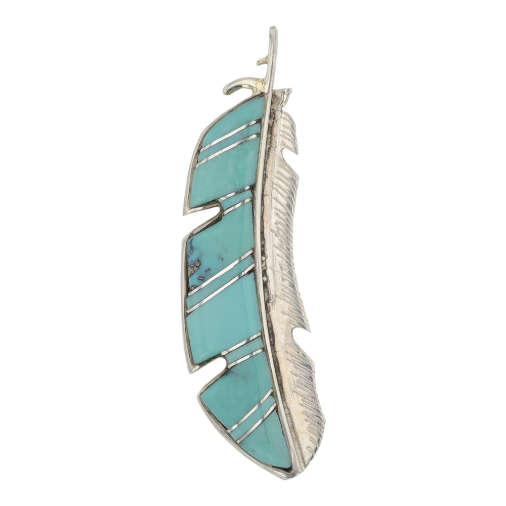 Tyrie Panteah Zuni Campitos Turquoise Inlay Pendant: Sterling Silver | Genuine Campitos Turquoise | Tyrie Panteah Zuni Campitos Turquoise Inlay Pendant | Zuni Native American Southwest Indian Jewelry | Good (no breaks or damages) | Approximate Weight: 6