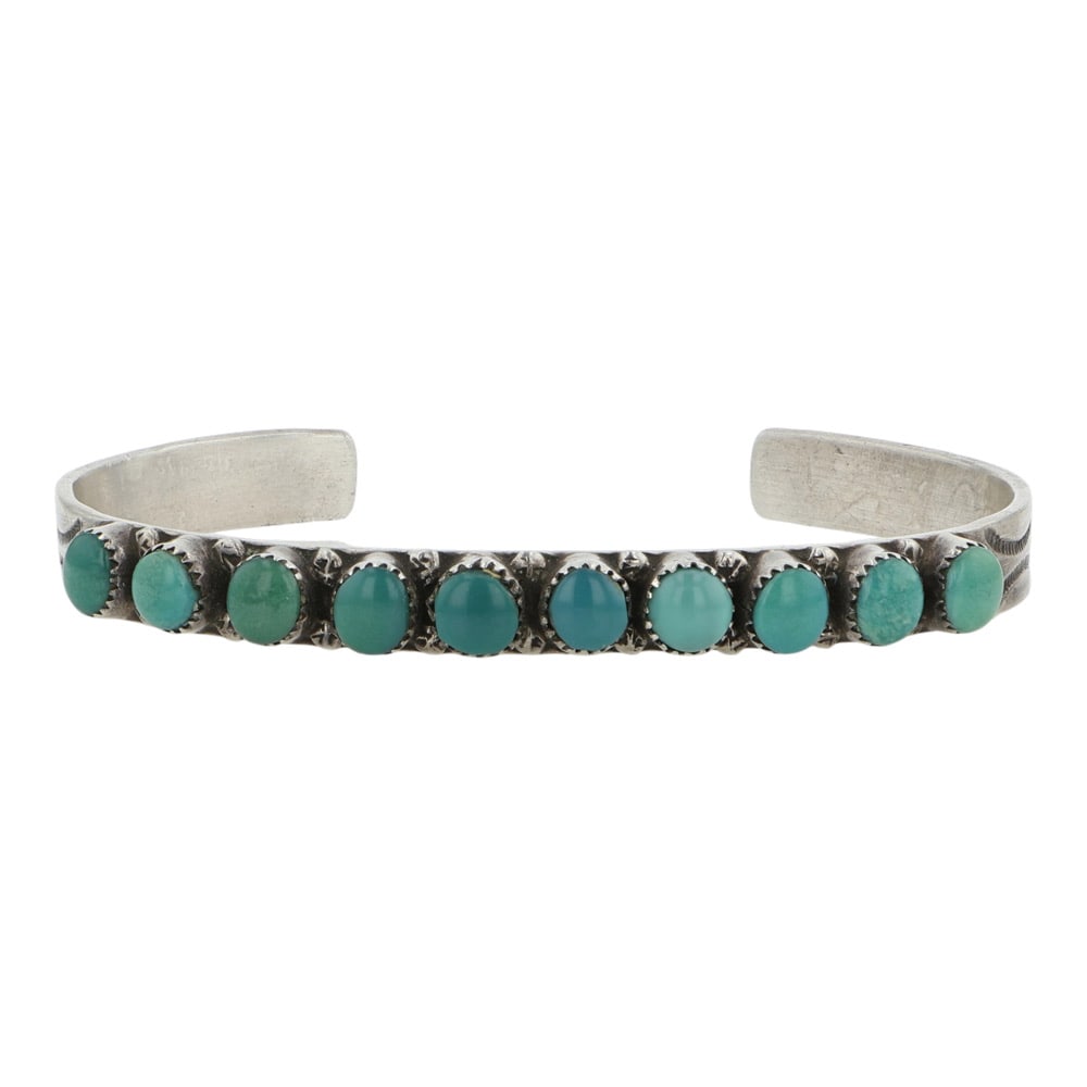 Darlene Coonsis Zuni Nevada Turquoise Row Bracelet: Sterling Silver | Genuine Nevada Turquoise | Darlene Coonsis Zuni Nevada Turquoise Row Bracelet | Navajo Native American Southwest Indian Jewelry | Good (no breaks or damages) | Approximate Weight: 13
