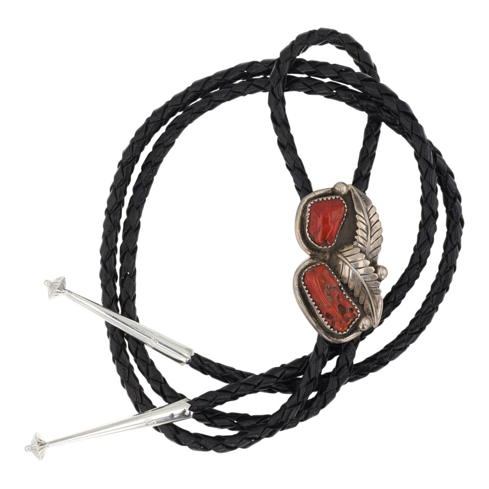 Vintage Navajo Mediterranean Coral Freeform Bolo Tie: Sterling Silver | Genuine Mediterranean Coral | Vintage Navajo Mediterranean Coral Freeform Bolo Tie | Navajo Native American Southwest Indian Jewelry | Good (no breaks or damages) | Approximate Weigh