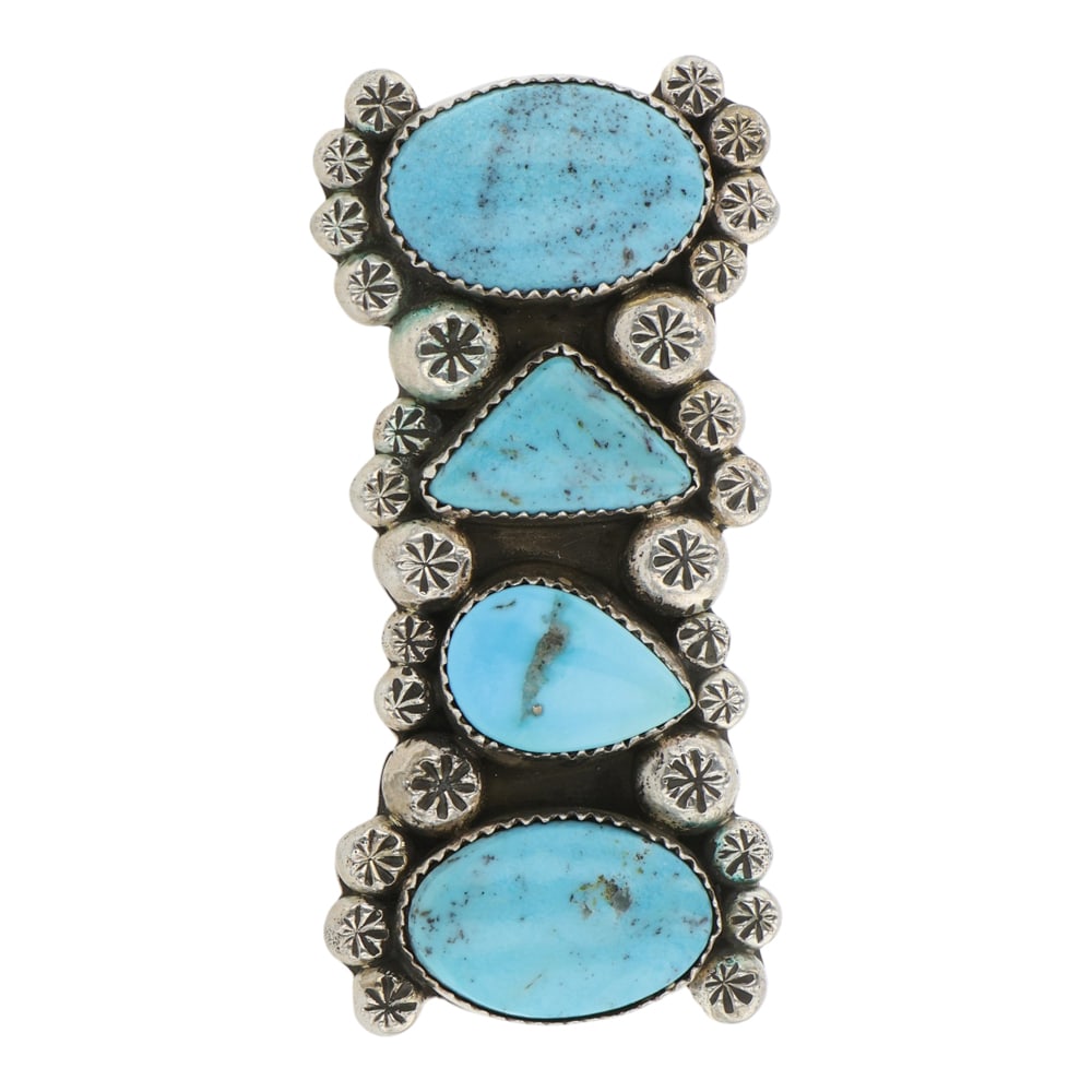 Navajo Campitos Turquoise Four Stone Ring: Sterling Silver | Genuine Campitos Turquoise | Navajo Campitos Turquoise Four Stone Ring | Navajo Native American Southwest Indian Jewelry | Good (no breaks or damages) | Approximate Weight: 32 Grams 