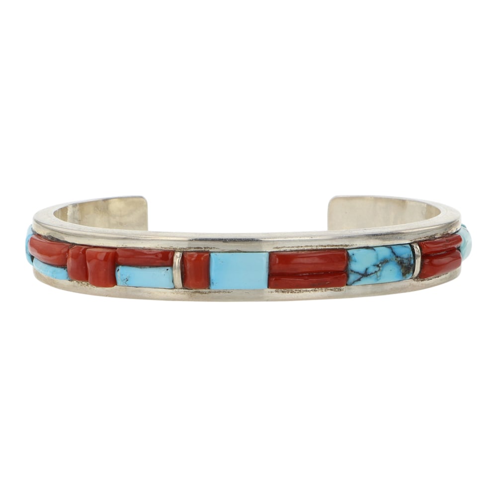 Timmy (Tim) Yazzie Renowned Navajo San Felipe & Santo Domingo Master Silversmith Ithaca Peak: Sterling Silver | Genuine Ithaca Peak Turquoise & Mediterranean Coral | Timmy (Tim) Yazzie Renowned Navajo San Felipe & Santo Domingo Master Silversmith Ithaca Peak Turquoise & Mediterranean Coral Cob