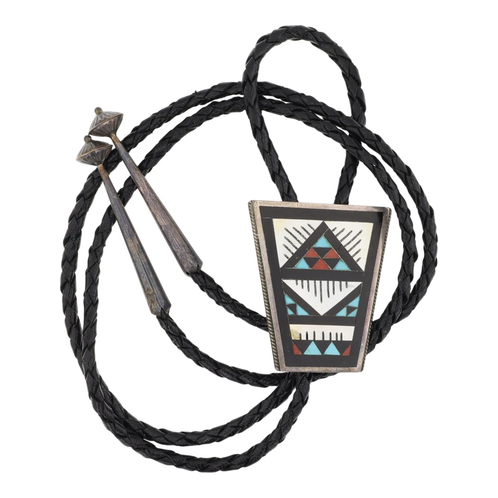 Leander & Lisa Othole Zuni Turquoise Coral Acoma Jet & MoP Inlay Bolo Tie: Sterling Silver | Genuine Turquoise, Coral, Acoma Jet & Mother of Pearl | Leander & Lisa Othole Zuni Turquoise Coral Acoma Jet & MoP Inlay Bolo Tie | Zuni Native American Southwest Indian Jewelry | Go