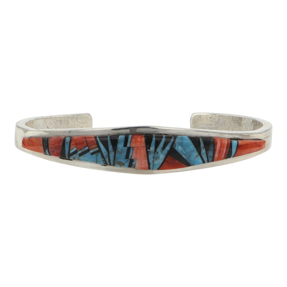 Catheryn Webster Navajo Spiny Oyster & Turquoise Inlay Cuff Bracelet: Sterling Silver | Genuine Spiny Oyster & Turquoise | Catheryn Webster Navajo Spiny Oyster & Turquoise Inlay Cuff Bracelet | Navajo Native American Southwest Indian Jewelry | Good (no breaks or damages