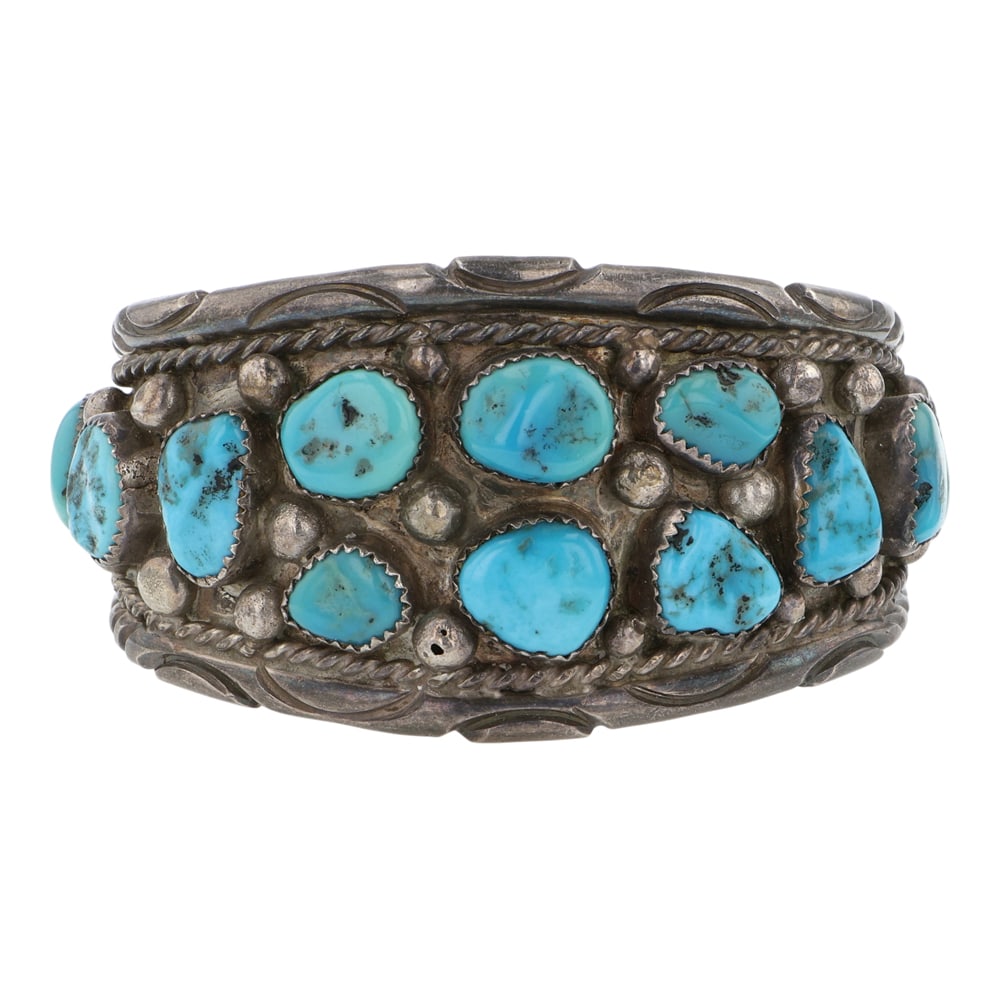 Vintage Navajo Kingman Turquoise Traditional Cuff Bracelet: Sterling Silver | Genuine Kingman Turquoise | Vintage Navajo Kingman Turquoise Traditional Cuff Bracelet | Navajo Native American Southwest Indian Jewelry | Good (no breaks or damages) | Approximate W