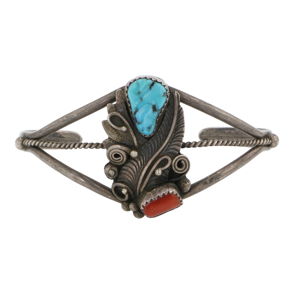 Vintage Navajo Turquoise & Coral Two Stone Bracelet: Sterling Silver | Genuine Turquoise & Coral | Vintage Navajo Turquoise & Coral Two Stone Bracelet | Navajo Native American Southwest Indian Jewelry | Good (no breaks or damages) | Approximate Weight: 