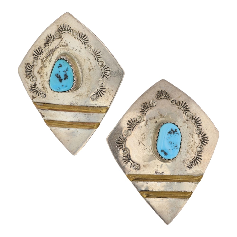 Vintage Navajo Kingman Turquoise Sterling Silver & Brass Earrings (1 of 2)