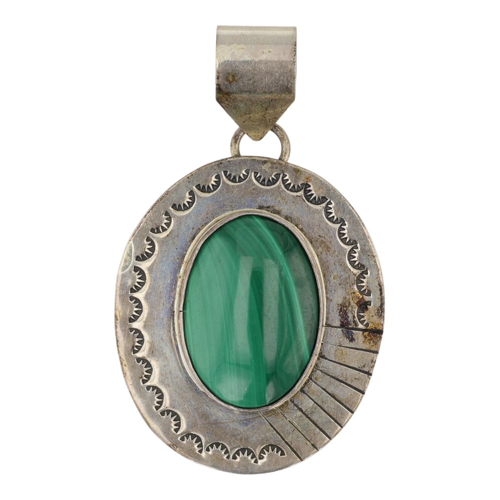 Navajo Malachite Pendant: Sterling Silver | Genuine Malachite | Navajo Malachite Pendant | Navajo Native American Southwest Indian Jewelry | Good (no breaks or damages) | Approximate Weight: 15 Grams | Pendant: 2.25" x 1.25" |