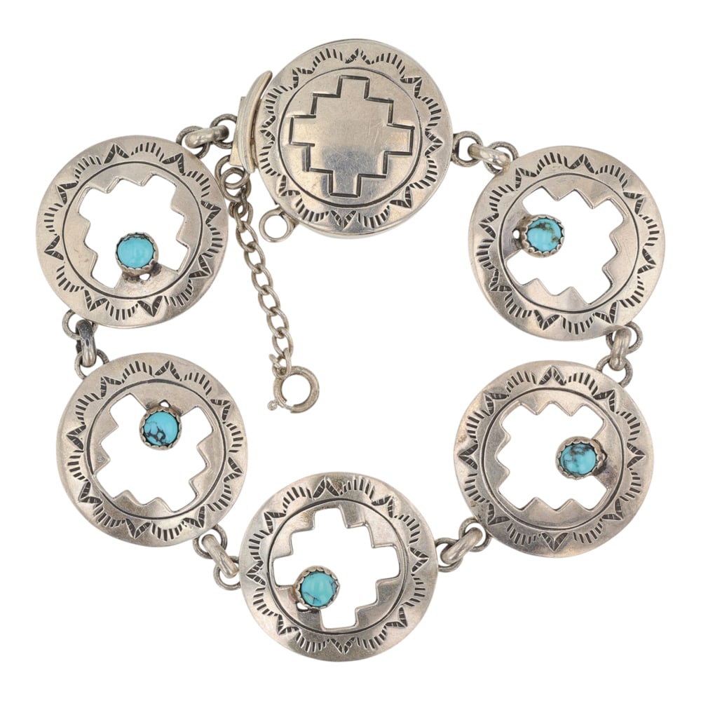 Navajo Turquoise Link Bracelet: Sterling Silver | Genuine Turquoise | Navajo Turquoise Link Bracelet | Navajo Native American Southwest Indian Jewelry | Good (no breaks or damages) | Approximate Weight: 22 Grams | Bracelet: 7" lengt