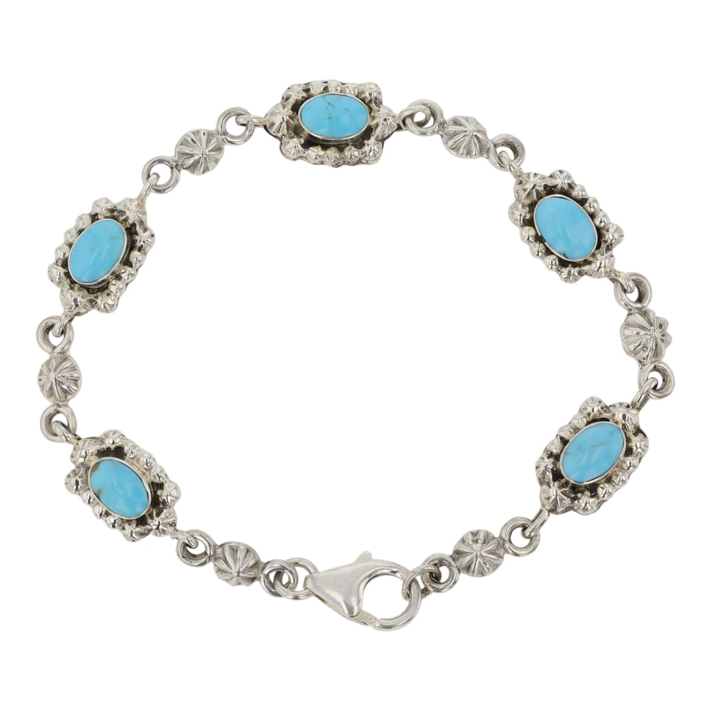 RB Navajo Kingman Turquoise Link Bracelet: Sterling Silver | Genuine Kingman Turquoise | RB Navajo Kingman Turquoise Link Bracelet | Navajo Native American Southwest Indian Jewelry | Good (no breaks or damages) | Approximate Weight: 20 Grams |
