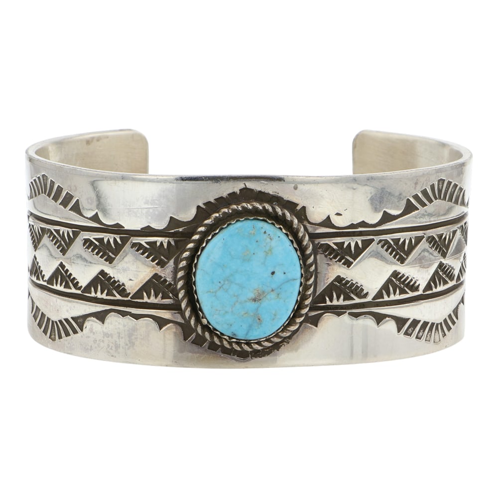 Rick Enrquez Navajo Kingman Turquoise Stamp-Work Cuff Bracelet: Sterling Silver | Genuine Kingman Turquoise | Rick Enrquez Navajo Kingman Turquoise Stamp-Work Cuff Bracelet | Navajo Native American Southwest Indian Jewelry | Good (no breaks or damages) | Approxima