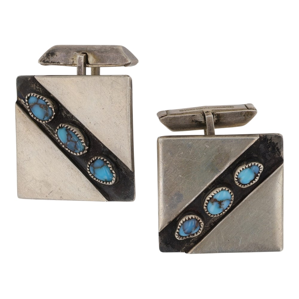 Vintage Navajo Spiderweb Tuqruosie Cuff Links: Sterling Silver | Genuine Turquoise | Vintage Navajo Spiderweb Tuqruosie Cuff Links | Navajo Native American Southwest Indian Jewelry | Good (no breaks or damages) | Approximate Weight: 21 Grams | Cuf