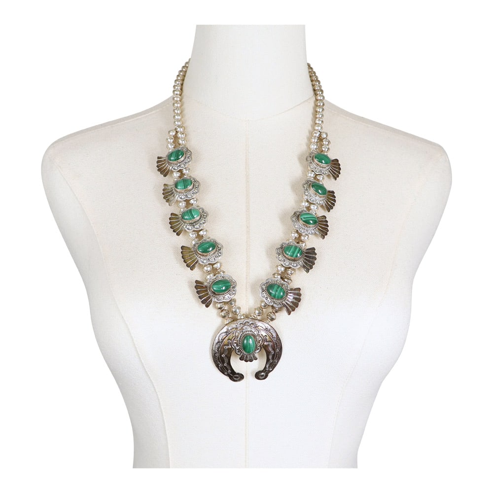 Vintage Navajo Malachite Stamp-Work Squash Blossom Necklace: Sterling Silver | Genuine Malachite | Vintage Navajo Malachite Stamp-Work Squash Blossom Necklace | Navajo Native American Southwest Indian Jewelry | Good (no breaks or damages) | Approximate Weight: 