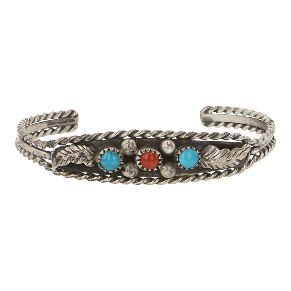 Navajo Turquoise & Coral Twisted Wire Cuff Bracelet: Sterling Silver | Genuine Turquoise & Coral | Navajo Turquoise & Coral Twisted Wire Cuff Bracelet | Navajo Native American Southwest Indian Jewelry | Good (no breaks or damages) | Approximate Weight: 