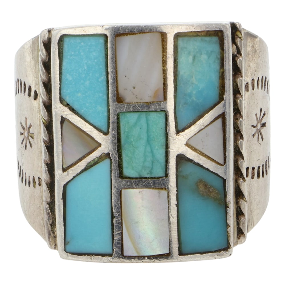 Vintage Zuni Turquoise & Mother of Pearl Inlay Ring: Sterling Silver | Genuine Turquoise & Mother of Pearl | Vintage Zuni Turquoise & Mother of Pearl Inlay Ring | Zuni Native American Southwest Indian Jewelry | Good (no breaks or damages) | Approximate 